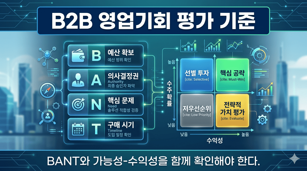 B2B 영업기회 평가 기준 : BANT와 가능성-수익성을 함께 확인해야 한다.